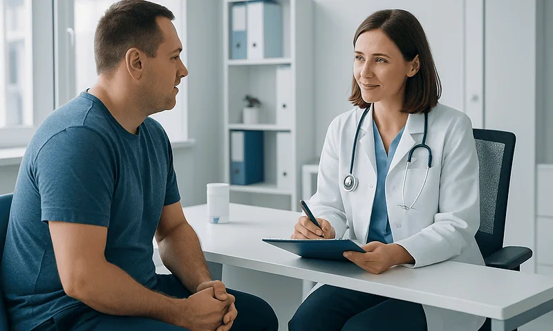 Doctor consulting with a male patient in a modern medical office.