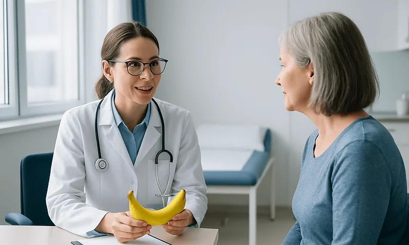 Doctor discussing nutrition with an elderly patient in a clinic setting.