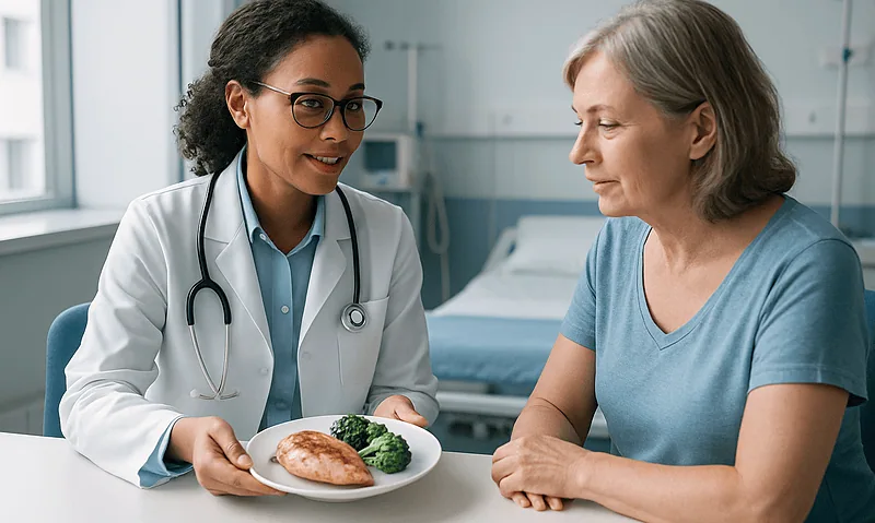 Doctor presenting healthy chicken meal to patient in hospital setting.