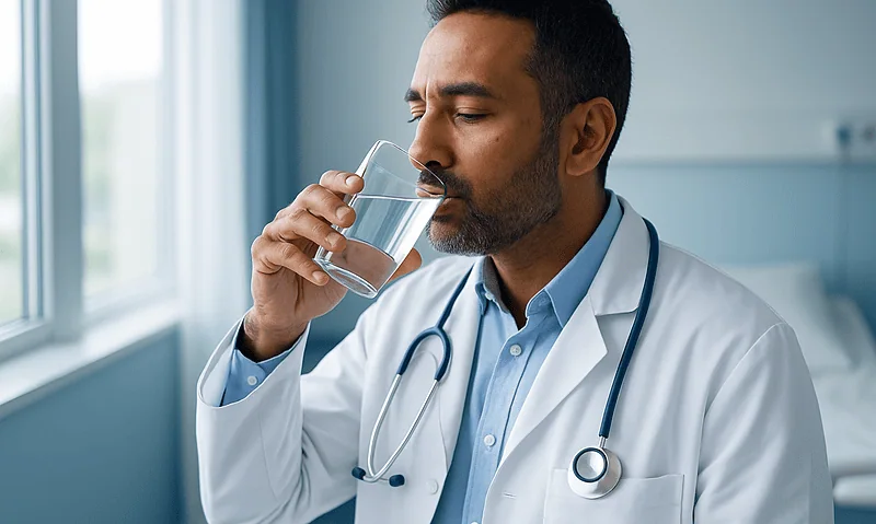 Doctor drinking water in a medical office setting.