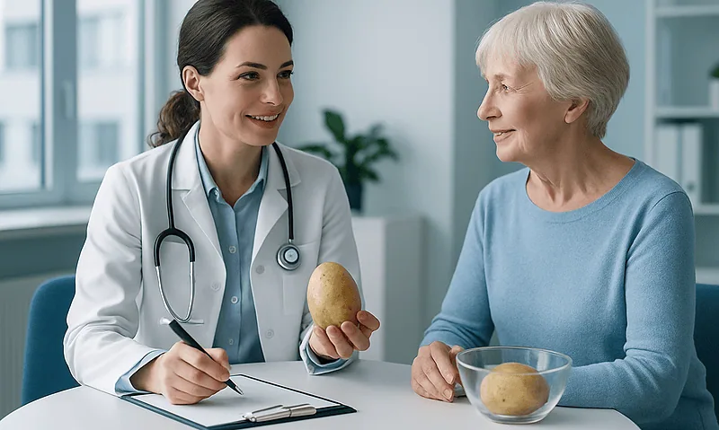 Doctor showing potato to elderly woman in a medical consultation.