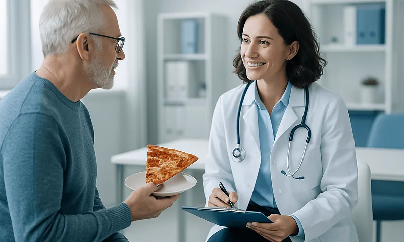 Doctor and patient discussing pizza slice in a medical office setting.