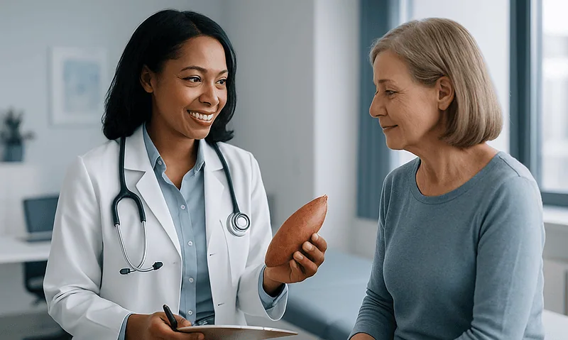 Doctor explaining sweet potato benefits to a patient in a clinic setting.