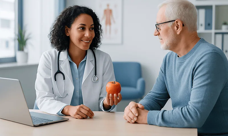 Doctor explaining nutrition to an elderly patient with an apple in a clinic setting.
