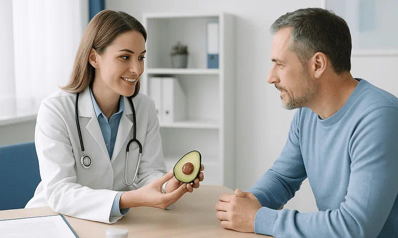 Doctor explaining avocado health benefits to patient in clinic.