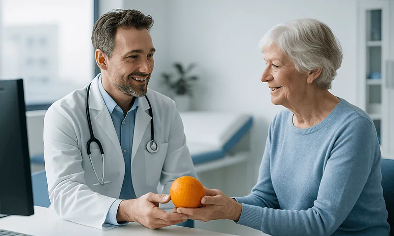 Doctor handing orange to elderly woman in medical consultation room.