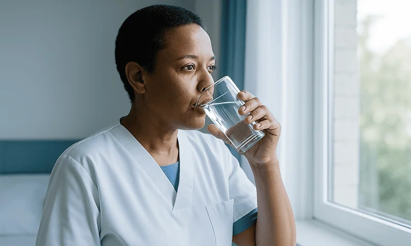 Healthcare professional drinking water for hydration and health.