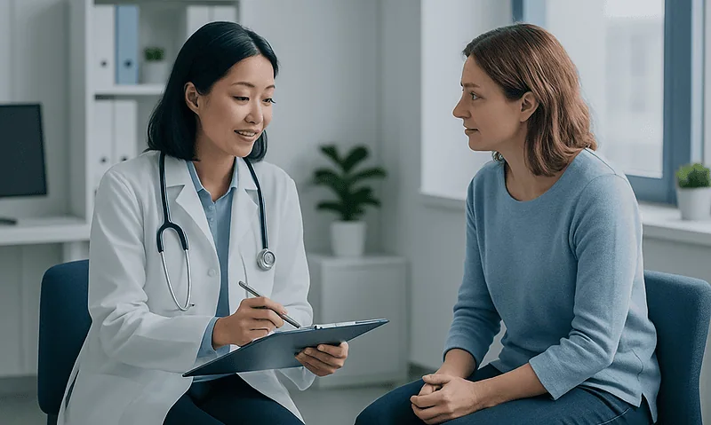Doctor consulting with a patient in a modern medical office.