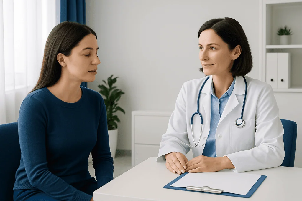Doctor consulting with a patient about rhinoplasty recovery timeline.