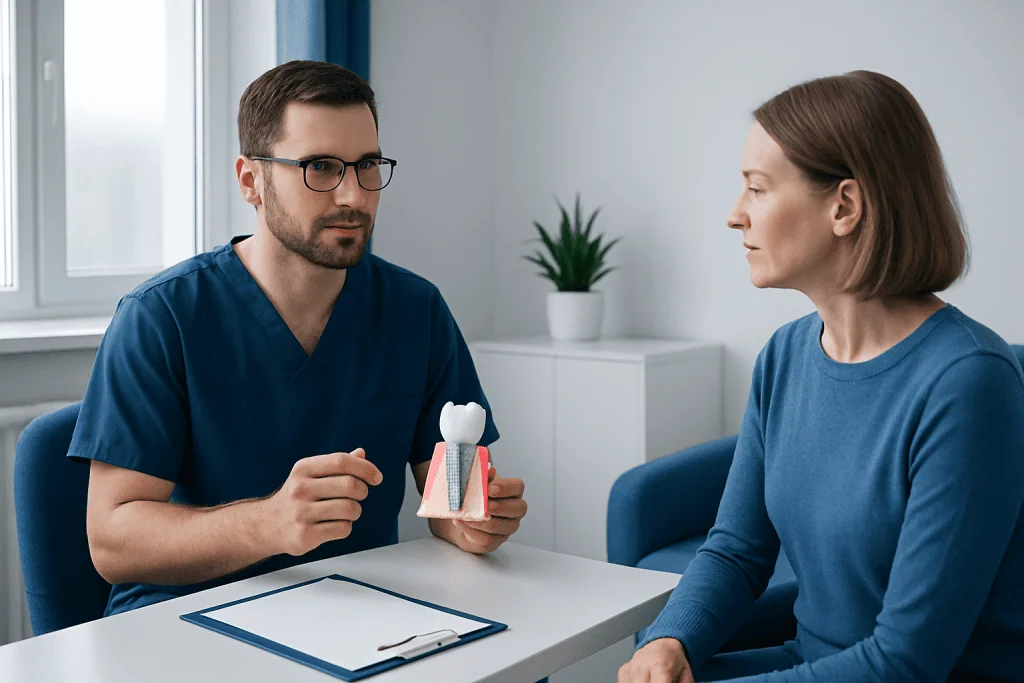 Dentist explaining dental implant procedure with model to patient in clinic.