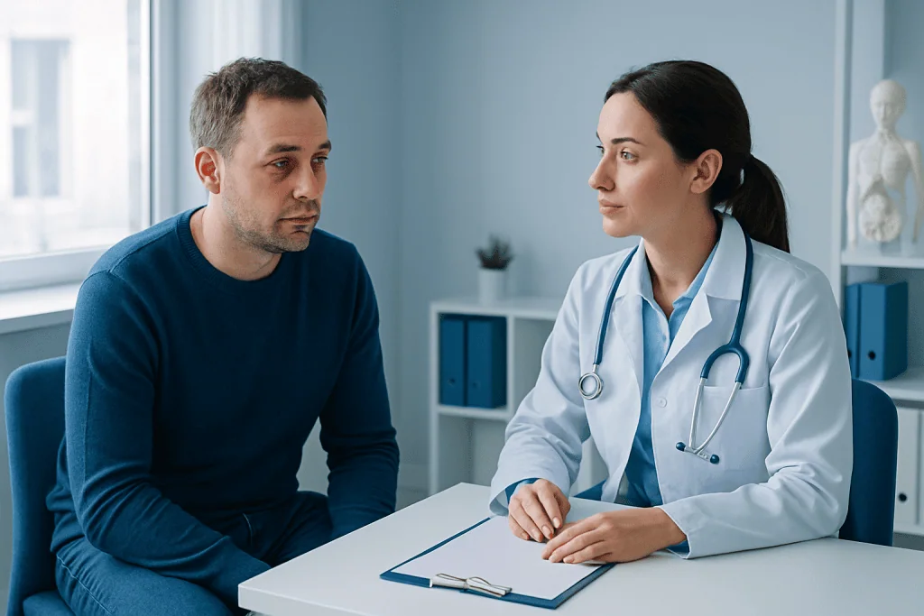 Doctor consulting with a male patient in a medical office setting.
