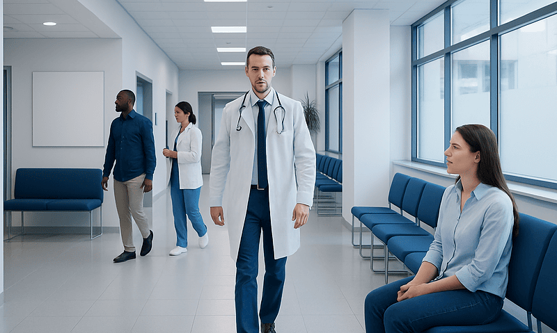 Medical professionals in a hospital corridor with a doctor and patients.