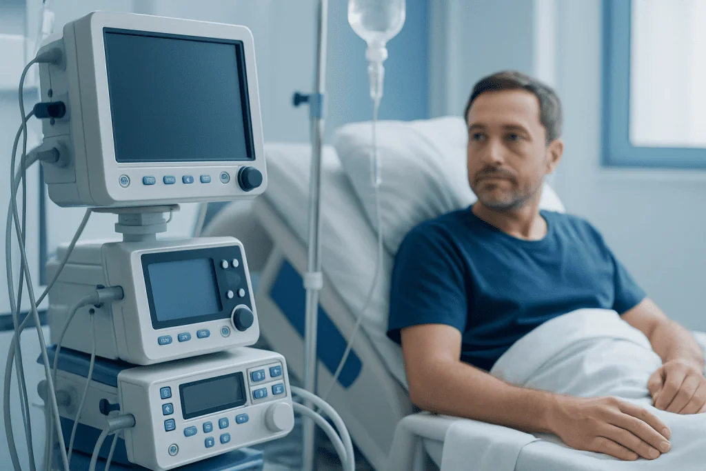 Patient in hospital bed with medical monitors and IV drip.