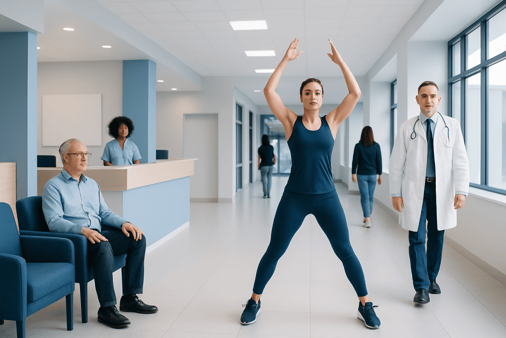 How Many Jumping Jacks to Burn 100 Calories? A Doctor-Reviewed Answer 1 Woman doing jumping jacks in a hospital corridor with medical staff and patients nearby.
