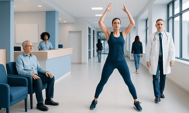 Woman doing jumping jacks in a hospital corridor with medical staff and patients nearby.
