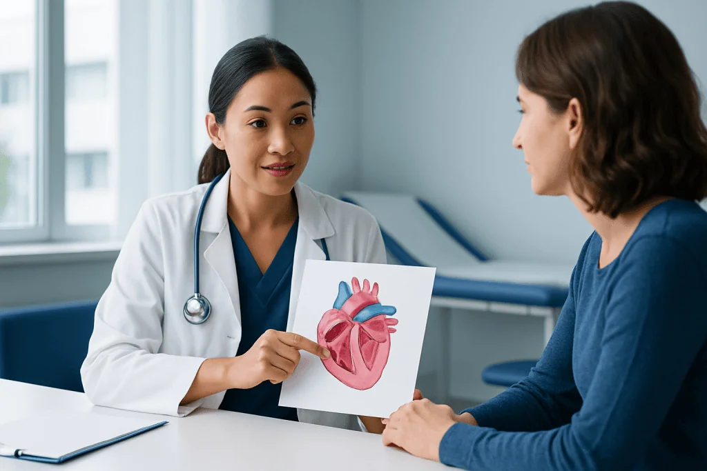Doctor explaining heart diagram to patient in a consultation room.