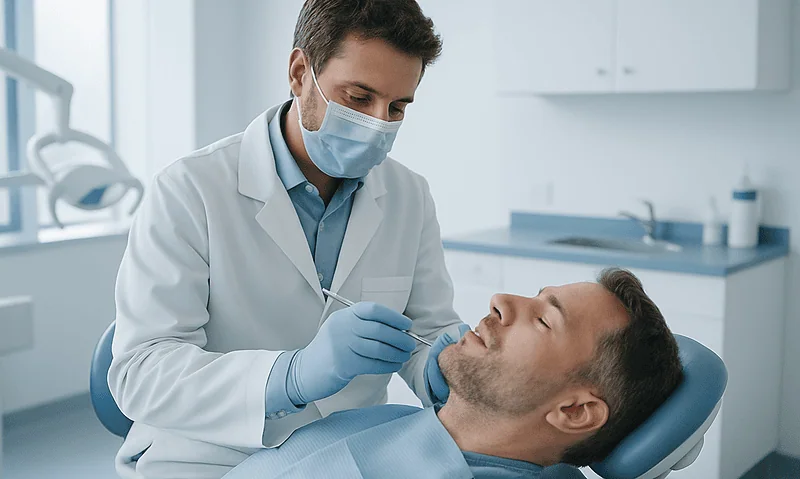 How Many Teeth Do Humans Have? A Guided Tour of Your Mouth 6 Dentist examining patient's teeth in a clinical setting with protective gear.