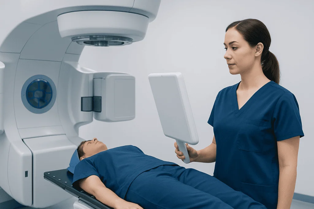 Radiation oncologist preparing patient for treatment with advanced equipment.