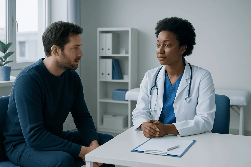 Doctor consulting with a patient in a modern medical office.