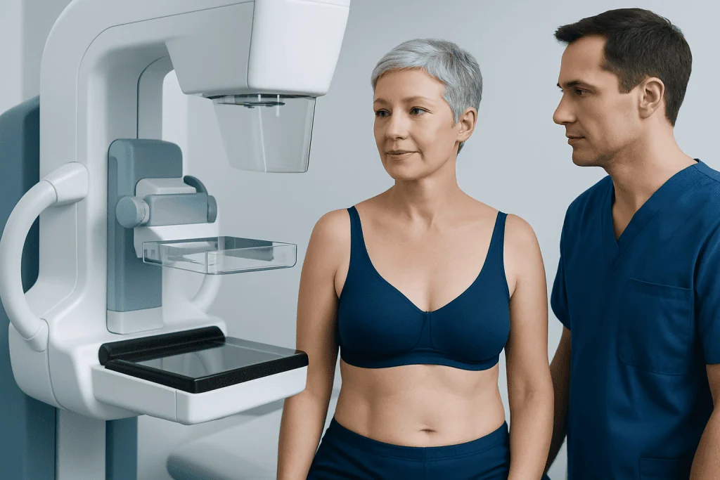 Bras after Mastectomy Without Reconstruction: Procedure, Recovery and Results 1 Breast cancer screening mammogram with healthcare professional and patient.