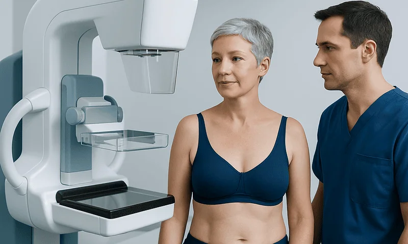Breast cancer screening mammogram with healthcare professional and patient.