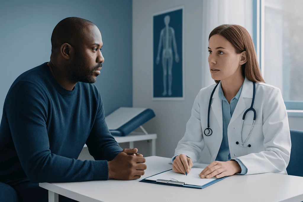 Doctor consulting with patient in a medical office setting.
