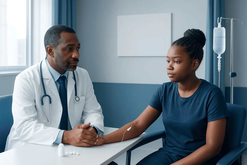 Doctor examining a young patient in a hospital room.