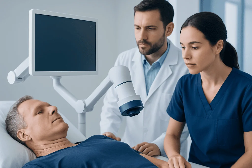 Doctor performing a skin examination on a patient in a hospital room.