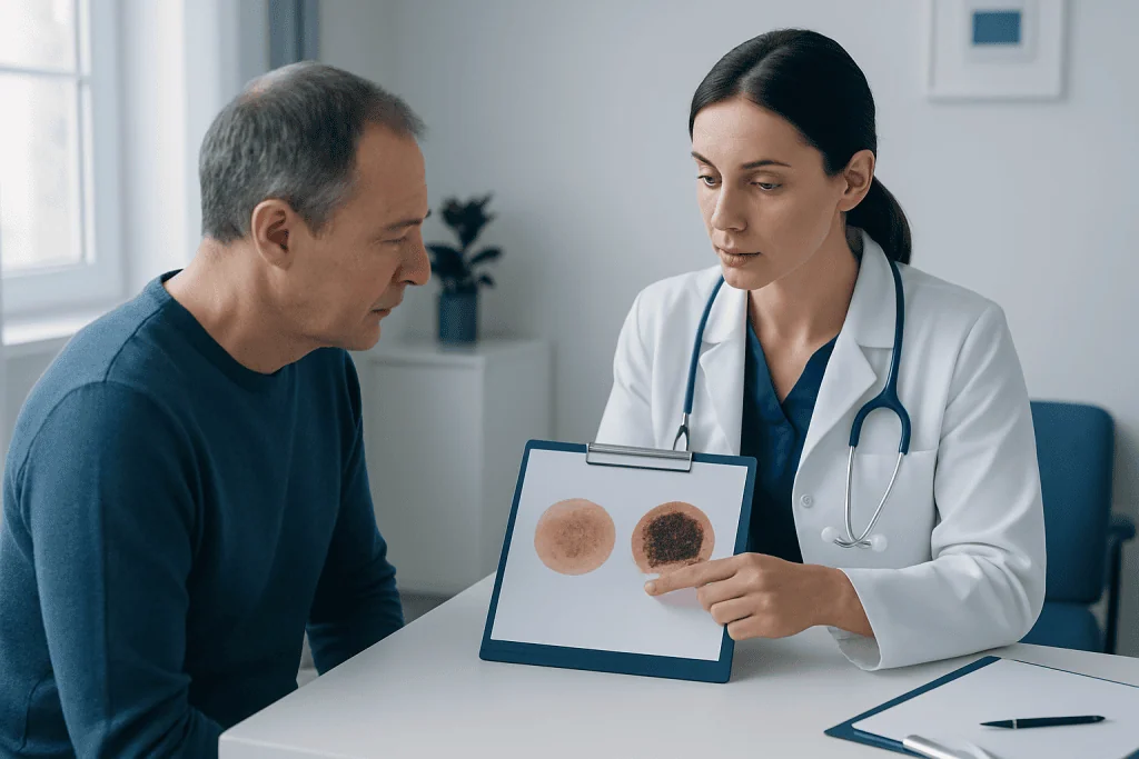 Dermatologist explaining skin lesion types to patient with visual aid.