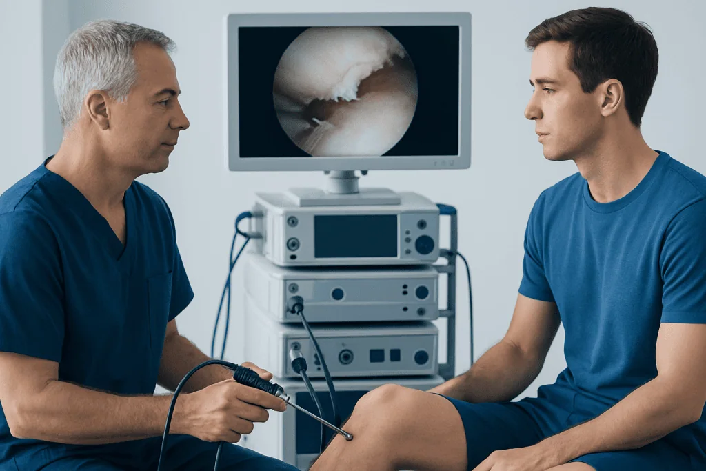 Orthopedic doctor performing knee arthroscopy on patient in clinic.