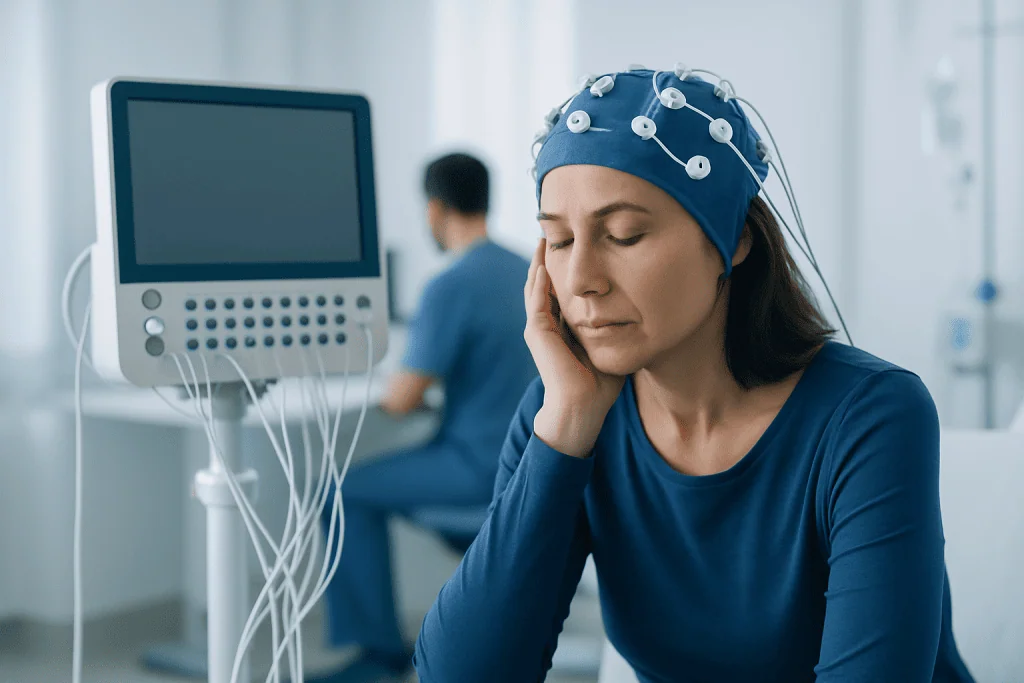 Woman with EEG cap experiencing mental fatigue in a clinical setting.