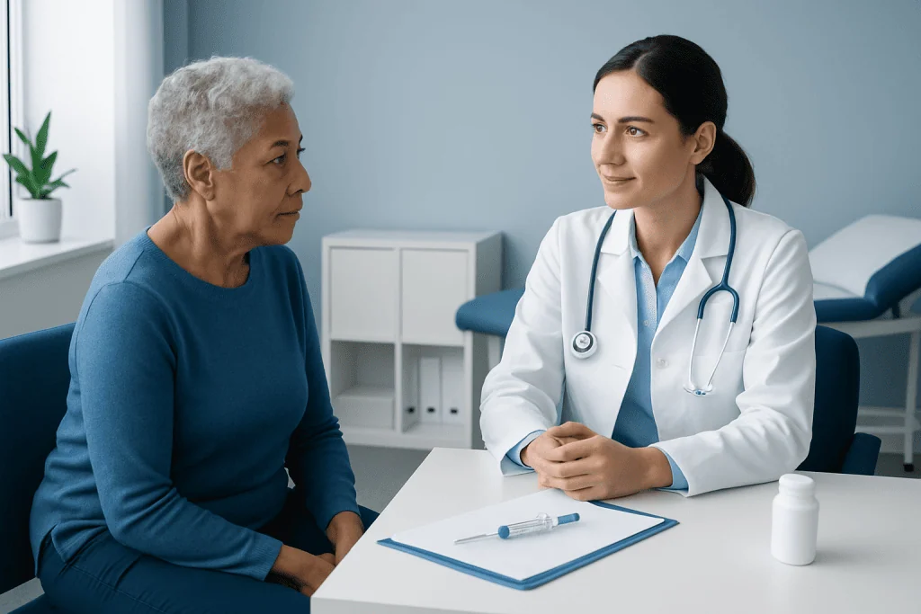 Doctor consulting with elderly patient in a medical office.
