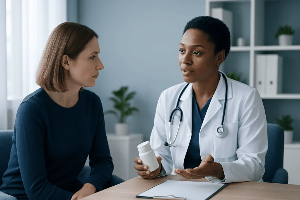 Doctor explaining medication to patient in a consultation room.