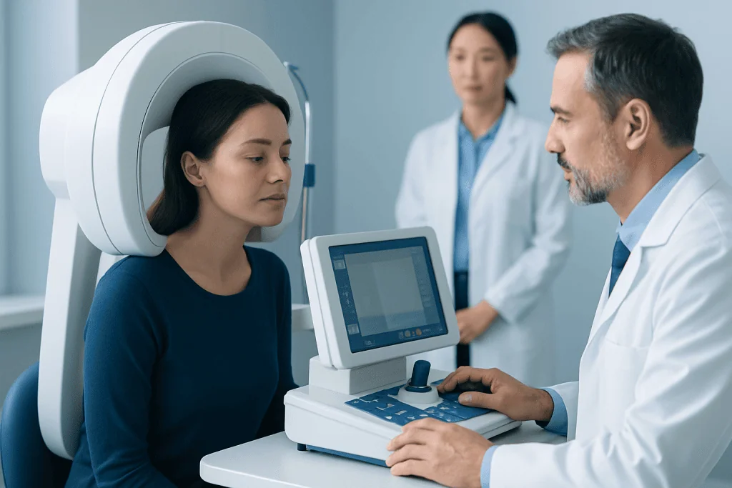 Patient undergoing a neurological exam with advanced medical equipment at Acibadem Hospital.