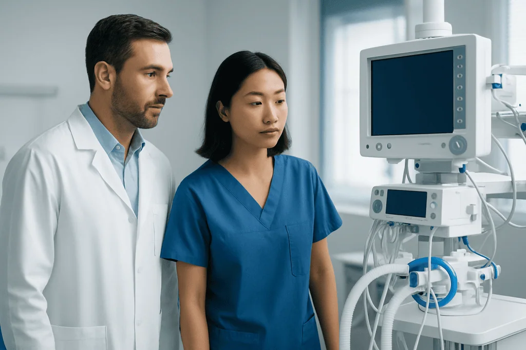 Medical professionals monitoring patient vital signs on a hospital monitor.