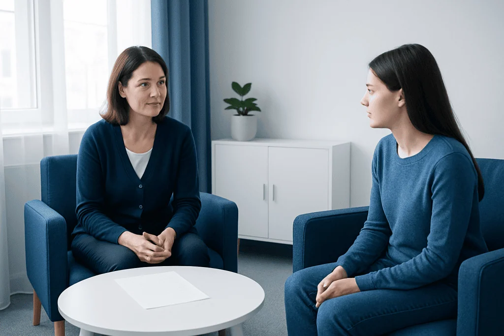 Therapist and patient in a counseling session at Acibadem Hospital.