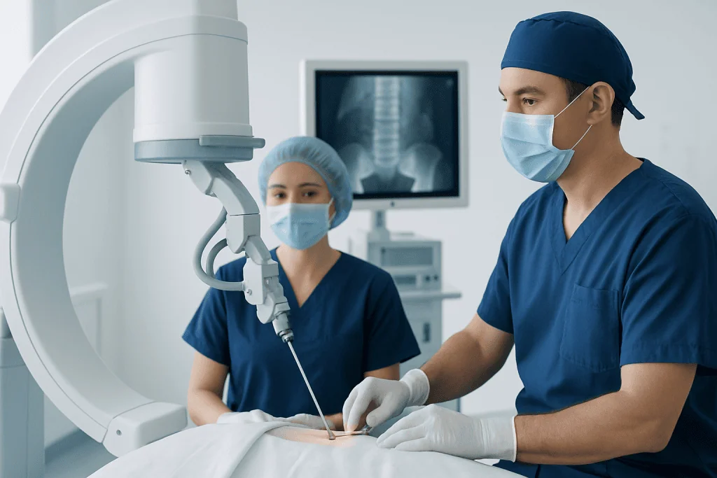 Surgeons performing minimally invasive spine surgery at Acibadem Hospital.