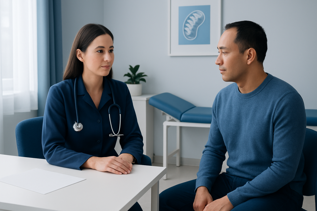 Doctor consulting patient in a modern hospital room with medical posters.