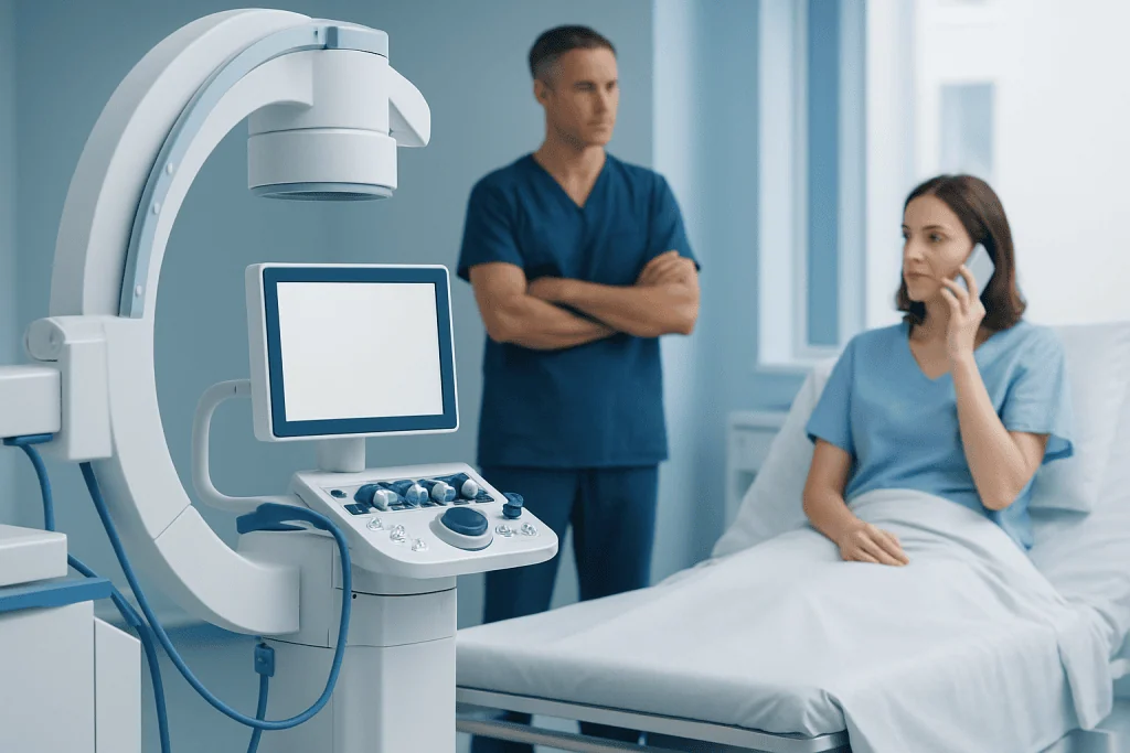 Medical professionals with ultrasound equipment in a hospital room.