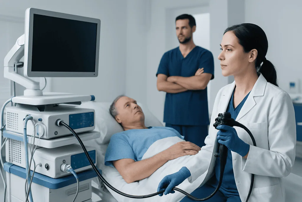 Doctor performing an ultrasound on a patient in a hospital room.