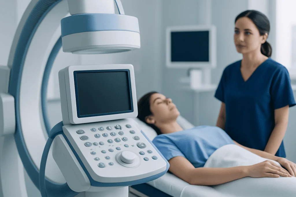 Medical imaging procedure with patient and healthcare professional in hospital.
