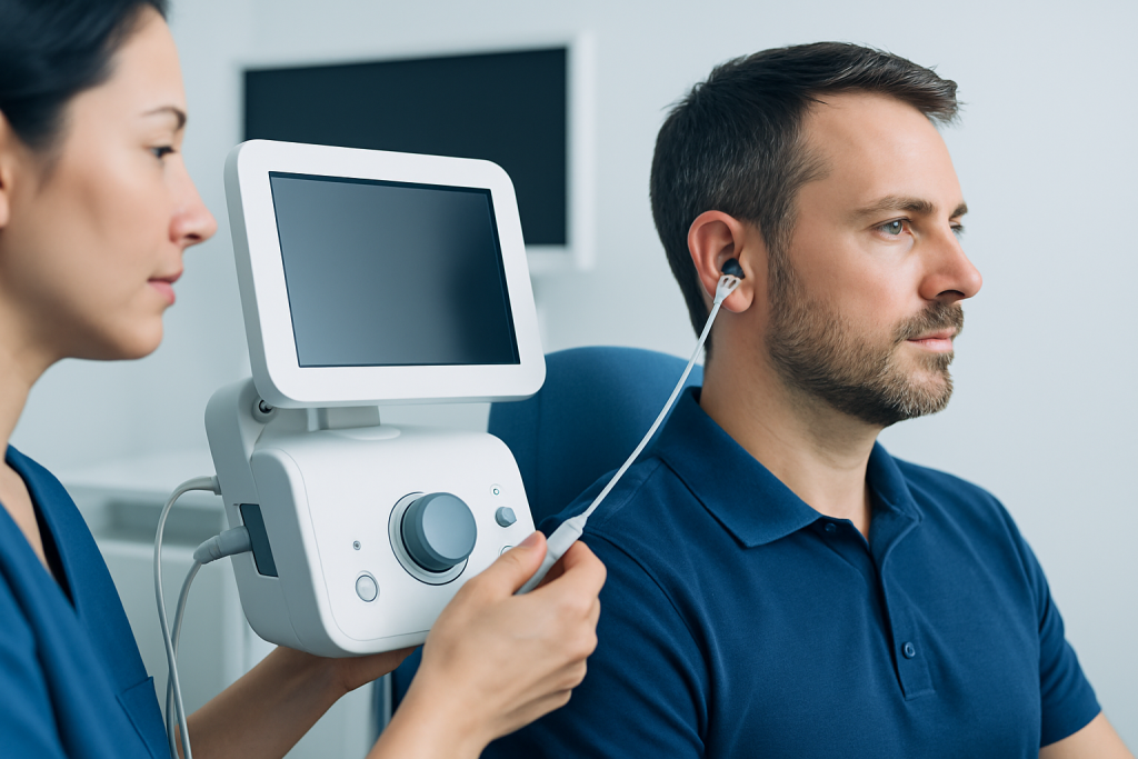 Audiologist performing hearing test on patient with earphone.