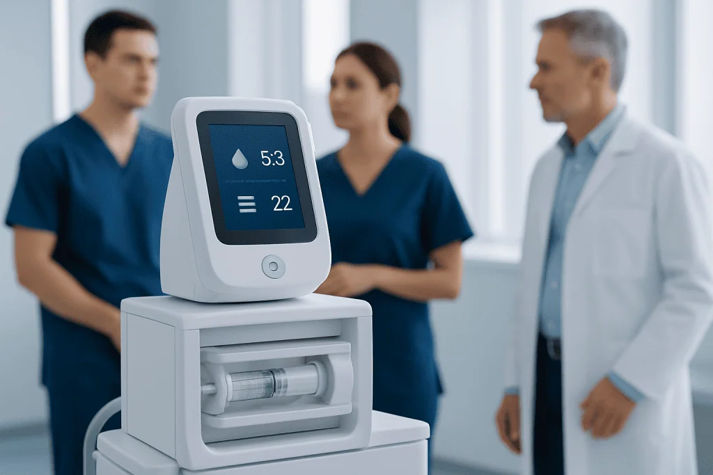 Medical professionals discussing blood glucose monitoring device in hospital.