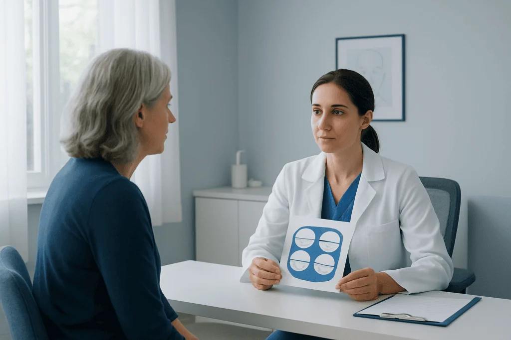 Doctor explaining Mohs surgery to a patient in a clinical setting.