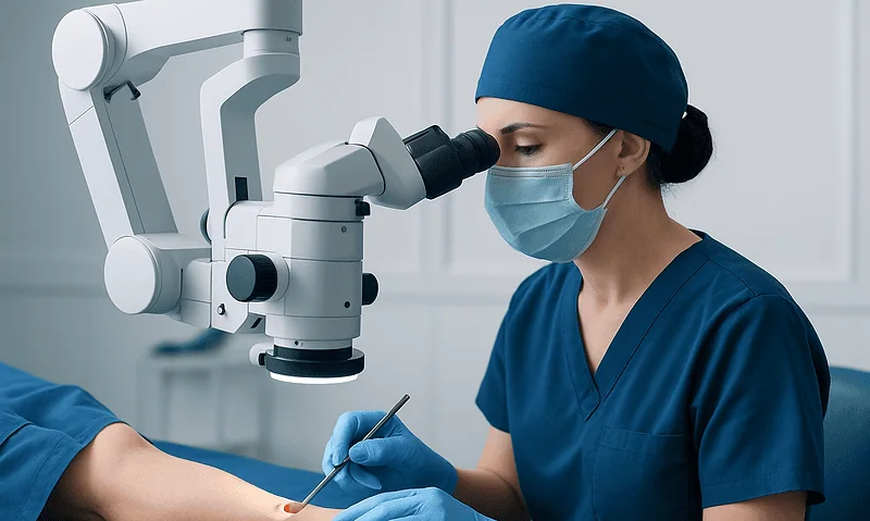 Surgeon performing Mohs surgery on lower leg with microscope.