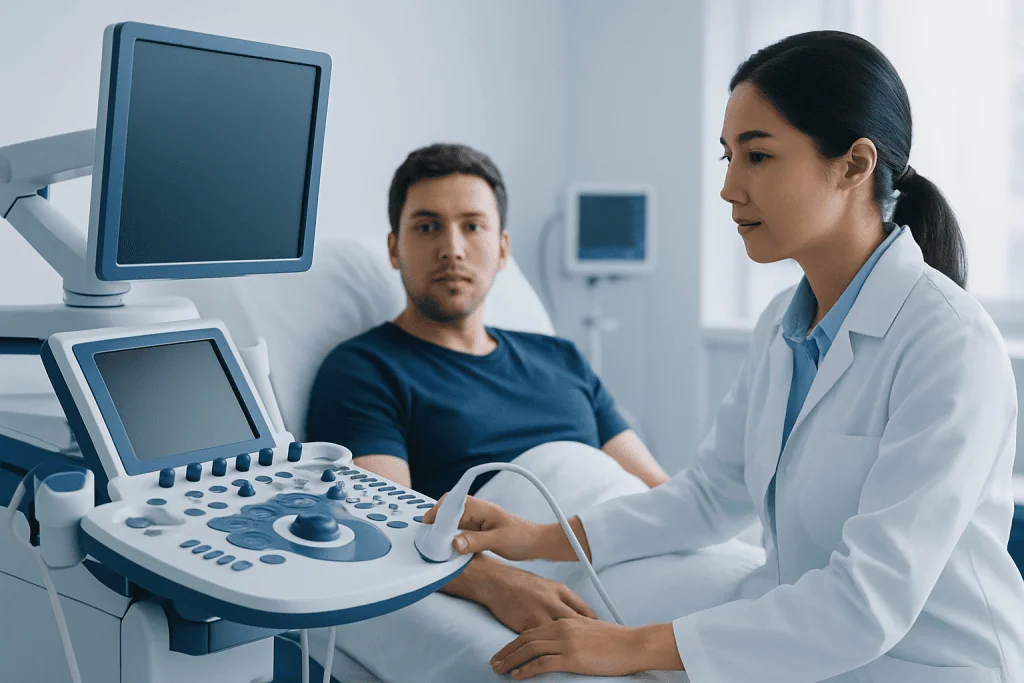 Medical professional performing ultrasound on patient in hospital room.