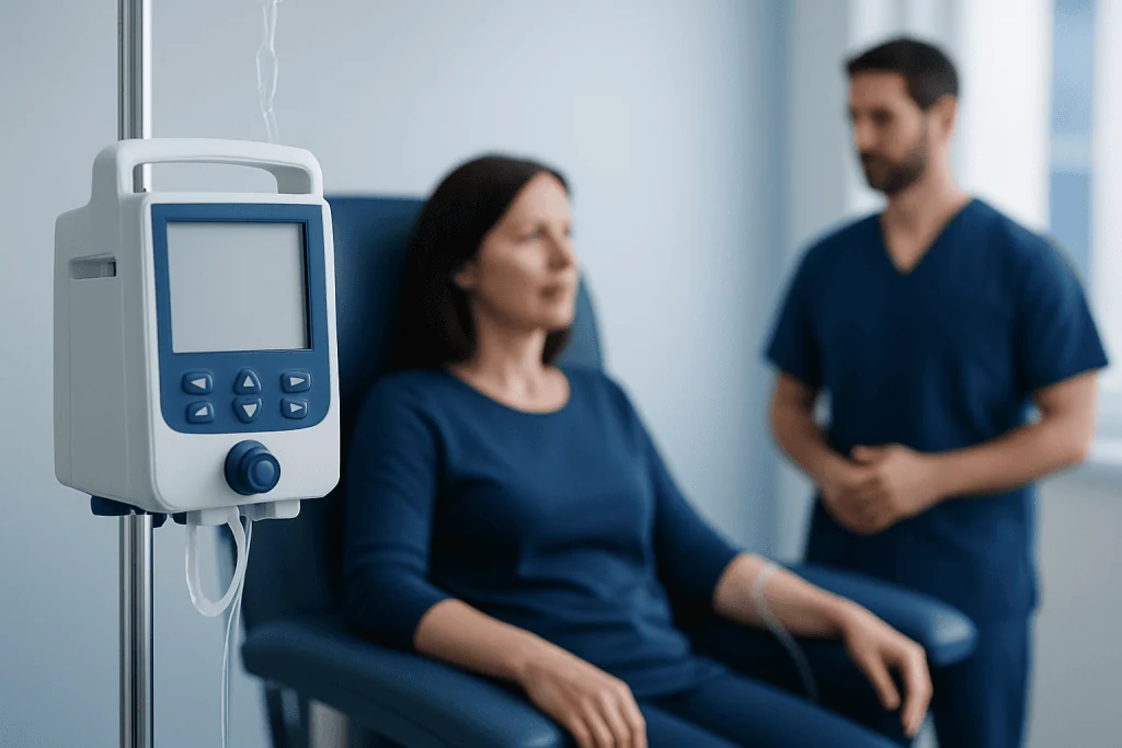 Patient receiving monoclonal infusion in a hospital setting with medical staff nearby.