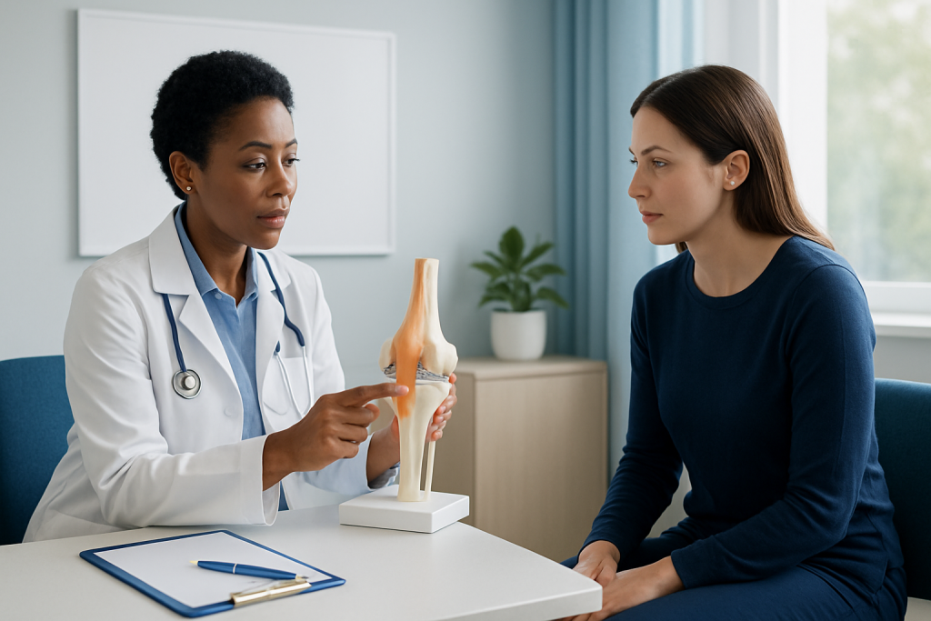 Doctor explaining knee anatomy to patient during consultation at Acibadem Hospital.