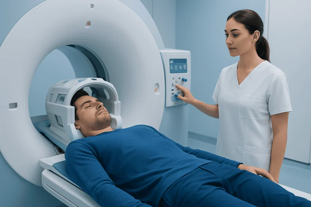Patient undergoing MRI scan in a hospital setting with medical staff present.