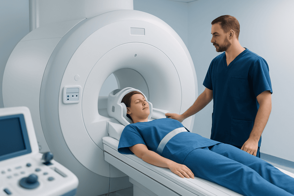 Patient undergoing MRI scan in a medical facility with healthcare professional present.